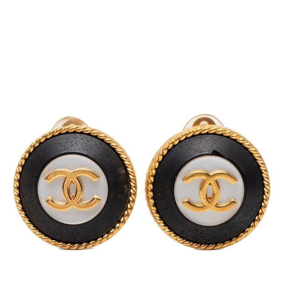 Chanel CC Logo Vintage Earrings 97P Gold Black Plated